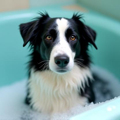Border collie looking relaxed during a bath