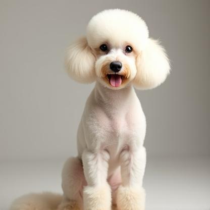 Freshly groomed poodle with a stylish haircut, smiling
