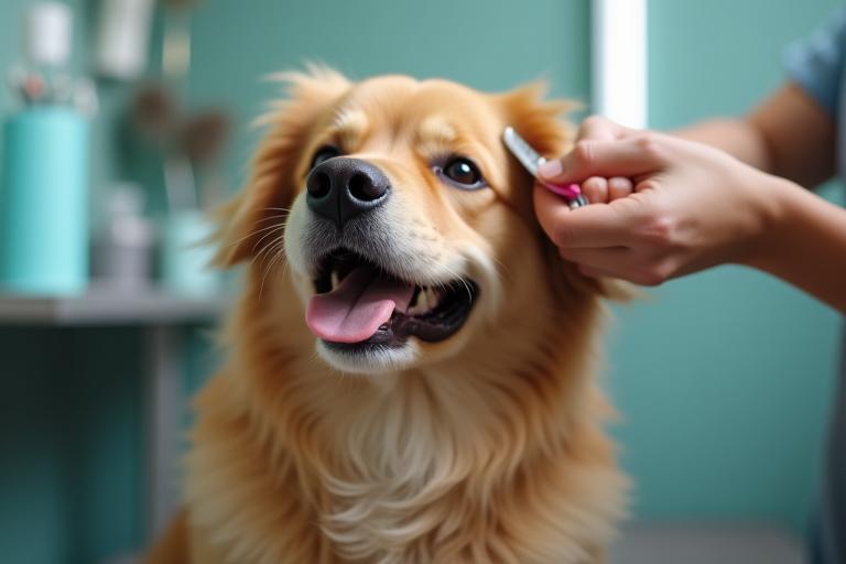 Happy dog being gently groomed with a brush