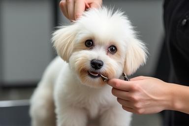 Small dog receiving a professional full haircut